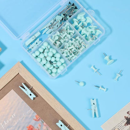 BESARME 200 Pieces Push Pins Set, 5 Types Green Thumb Tacks Cute Decorative Push Pins for Wall Cork Board Bulletin Boards with Storage Box