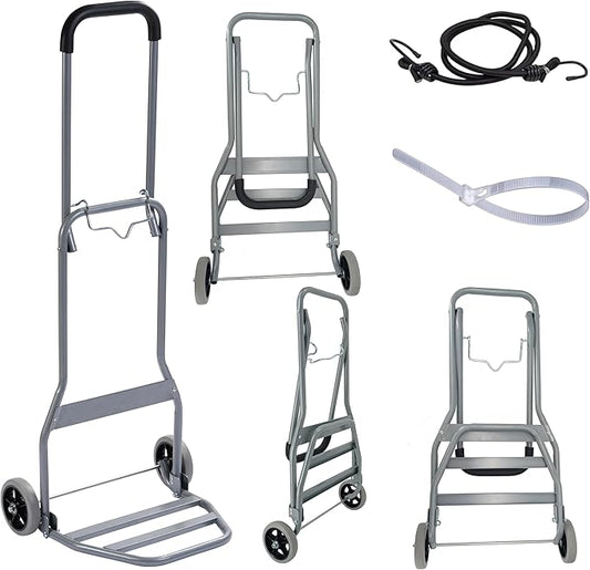 Folding Hand Truck with Silent Wheels, 165lbs Luggage Dolly Foldable Dolly Cart Lightweight Portable Folding Dolly Hand Cart Heavy Duty Utility Cart for Home Office Travel Use (Gray 2 Rubber Wheels)