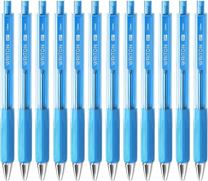 Writon Retractable Ballpoint Pens, Triangle Grip and Barrel, 1.0mm Medium Point, Light Blue Ink, 12 Pack