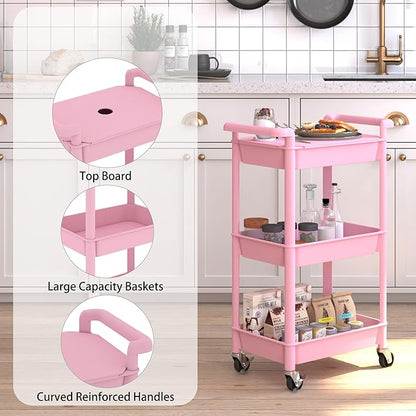 3-Tier Utility Rolling Cart with Cover Top Board, Mobile Utility Cart with Lockable Casters Multi-Functional Storage Trolley for Office, Bathroom, Kitchen, Garden, Laundry Room (Pink)