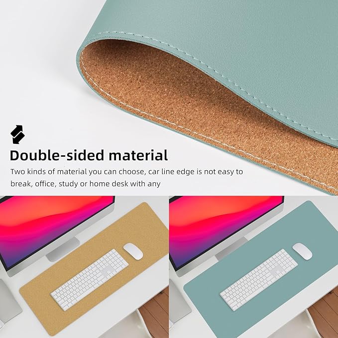 Leather Desk pad Protector,47 * 17in Large Desk mat with Natural Cork & PU Leather,Mouse pad,Non-Slip Office Desk Mat,Waterproof Desk Writing Pad for Office and Home (Light Blue)