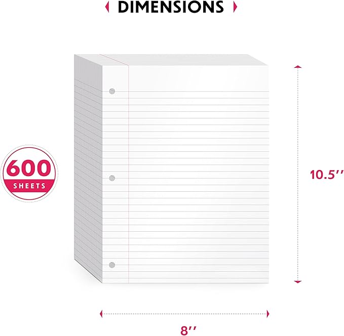 Loose Leaf Paper, Wide Ruled, 600 Sheets (150/Pack) Filler Paper for Writing Notes - School, College, Office - 3 Hole-Punch Lined Sheets for Ring Binders, Pocket Folders - White, 8 x 10.5