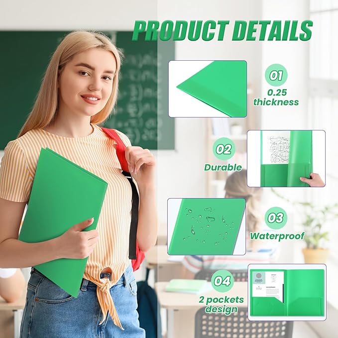 Gueevin 24 Pcs Plastic Folders with Pockets, Two Pocket Folder Fit Letter Size, Heavy Duty School Business Card Holder for Home Office School Bussiness, 11.61 x 9.45 Inches (Green)