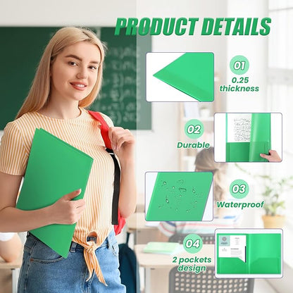 Gueevin 24 Pcs Plastic Folders with Pockets, Two Pocket Folder Fit Letter Size, Heavy Duty School Business Card Holder for Home Office School Bussiness, 11.61 x 9.45 Inches (Green)