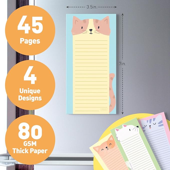 Sweetzer & Orange S&O Magnetic Notepads for Refrigerator 4 Pack, Sticky notes for Fridge Sets - Sticky Journals for Freezer - Magnetized memo sheets for cooler - 3.5” x 7”, 45 Pages