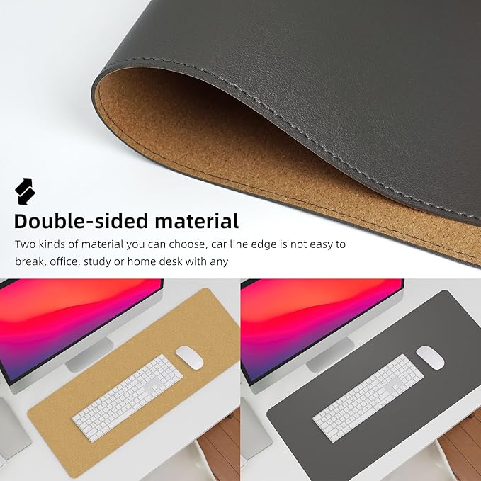 Leather Desk pad Protector, Large Desk mat with Natural Cork & PU Leather,Mouse pad,Non-Slip Office Desk Mat,Waterproof Desk Writing Pad for Office and Home (47in*17in,Dark Grey)