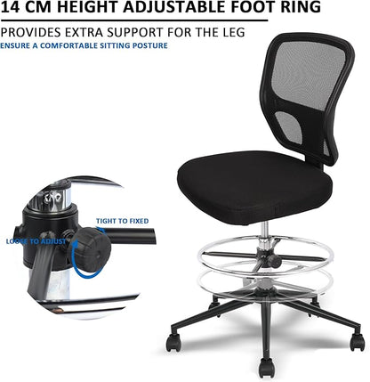Armless Drafting Chair Tall Office Chair Adjustable Height High Back Ergonomic Desk Chair Drafting Stool Rolling Bar Stools Chairs with Footrest and Wheels