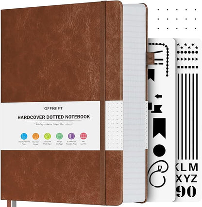 Bullet Dotted Journal Notebook, 312 Numbered Pages A5 Hardcover Dotted Notebooks, 100gsm No Bleed Paper Dot Grid Notebook with Index Pages, Dot Journal for Women Men, 5.75" x 8.38", Brown