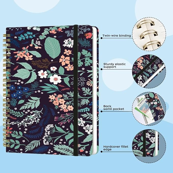 Spiral Notebook - A5 Spiral Notebooks, 8.3'' × 5.8'', 160 Pages, Aesthetic Journaling Notebooks for Women, College Lined Notebook with Elastic Closure, Back Pocket, for School Office, Leaves Black