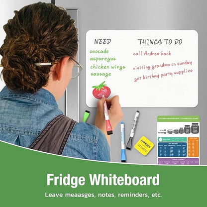 Magnetic Dry Erase Board: Small Fridge Whiteboard, Flexible Refrigerator Magnet White Board, Blank Writing Note Sheet with Kitchen Conversion Chart Magnet, 4 Markers & Eraser - 12 x 8
