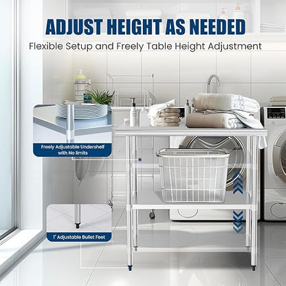 Stainless Steel Table 30 x 36 Inches Metal Prep Table with Backsplash & Adjustable Undershelf, Stainless Table for Commercial Kitchen, Outdoor, Restaurant, Hotel & Garage