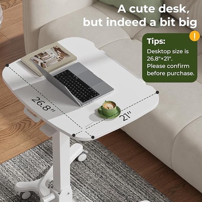 Foldable Mobile Standing Desk, 27"×21" Portable Rolling Laptop Desk with 90° Tiltable Board, Height Adjustable Mobile Desk Workstation with Wheels, Folding Desk for Home Office, White