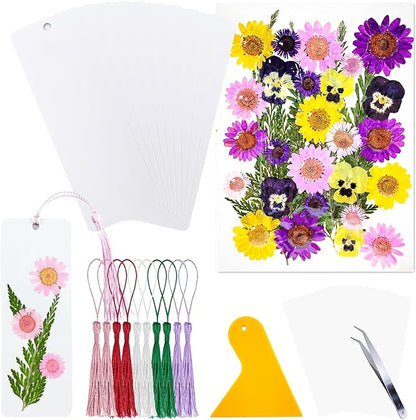 Cardstock Blank Bookmarks Set, 10 Pcs DIY White Craft Bookmarks for Pressed Flowers, Dried Flower Bookmark Making Kit with 36 Pcs Pressed Flowers, 10 Pcs Tassels, DIY Bookmarks for Dried Flowers