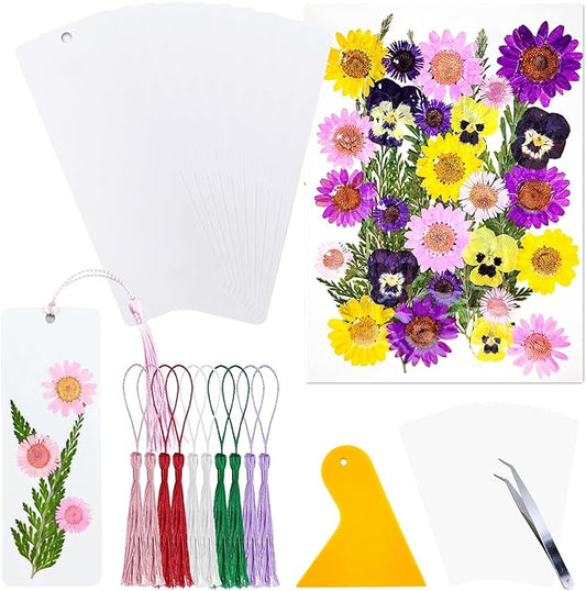 Cardstock Blank Bookmarks Set, 10 Pcs DIY White Craft Bookmarks for Pressed Flowers, Dried Flower Bookmark Making Kit with 36 Pcs Pressed Flowers, 10 Pcs Tassels, DIY Bookmarks for Dried Flowers