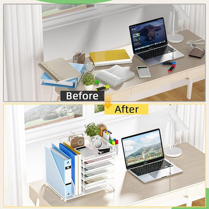 Desk Organizer, 6 Tier File Organizer Paper Tray with File Holder Pen Holder, Mesh Office Desk Accessories & Workspace Organizers (White)