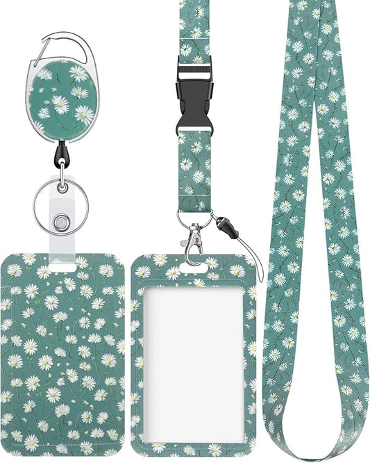 Uniclife Floral Sliding Badge Holder White Daisy Plastic Case with Retractable Badge Reel Carabiner Clip & Detachable Lanyard Strap Fashionable Vertical Card Protector for Women Nurse Teacher Student