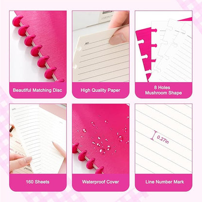 Discbound Notebook, 8-Disc Disbound Planner with Removable Pages, 180 Pages Spiral Notebook, Poly Cover Discbound Planner for Work, Travel, Note Taking(With Index Sticker),Rose Red,A5