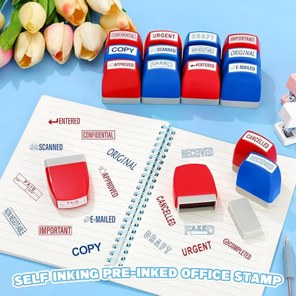 Crtiin 16 Pcs Office Stamp Set Message Self Inking Rubber Stamp Set for Office Stamps Completed Faxed Scanned Stamps for Message Supplies(Red, Blue)