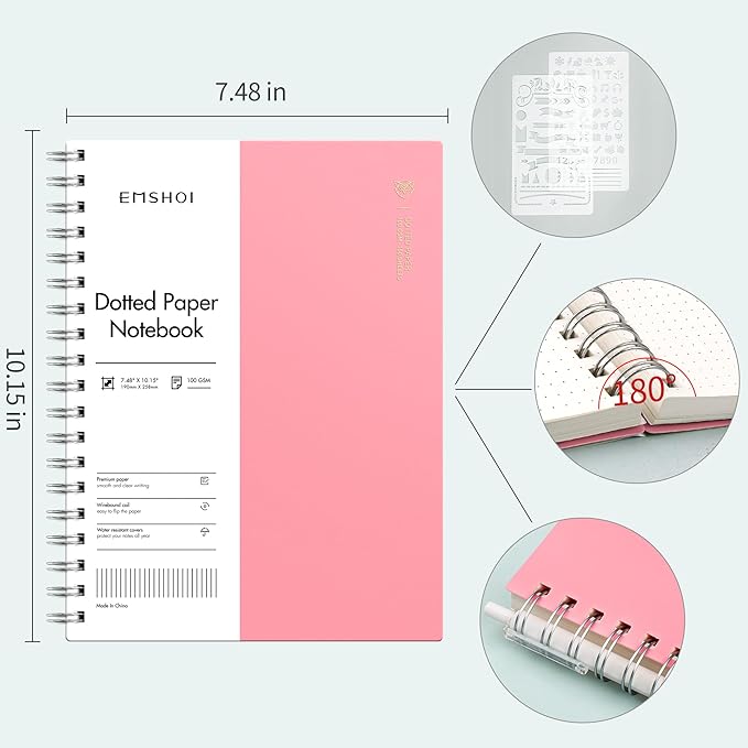 EMSHOI B5 Spiral Notebook Bullet Dotted Journal, Large 7.48" X 10.15", 300 Pages/150 Sheets, 100gsm Dot Grid Paper, Waterproof Hardcover, for Office School Women Men Work Writing Notes-Pink