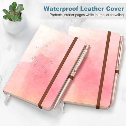 Small Notebook, Mini Pocket Journal A6 5.7" x 3.9", Leather Hardcover Journal with Pen Holder, 160 Thick Papers, Cute Lined Notebook Small Notepad for Women Writing Work Travel, Pink Sunglow
