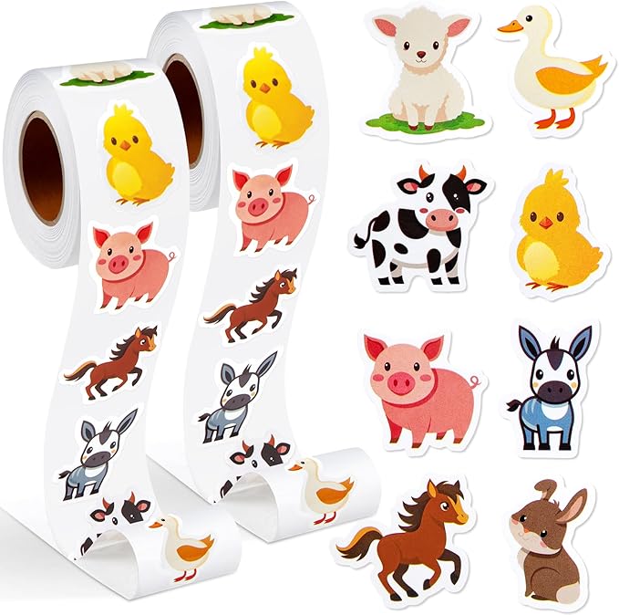 1 Roll Animal Stickers Reward Cute Space Stickers Office Supplies Incentives Sticker Animal Party Favor Decal, 500 Pcs Each Roll(Cute Farm Animal)