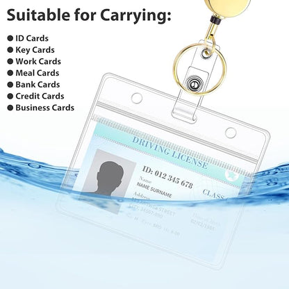 Lanyards for Id Badges Stainless Steel Badge Lanyards with 2 Pcs Waterproof Id Badge Holder Retractable Id Badge Lanyards Teacher Lanyard for Cruise Ship Key Cards Id Badges (Gold)