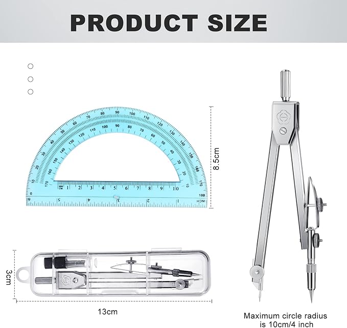 EBOOT Student Geometry Math Set, Drawing Compass and 6 Inch Swing Arm Protractor 180 Degree Math Protractor (Blue)