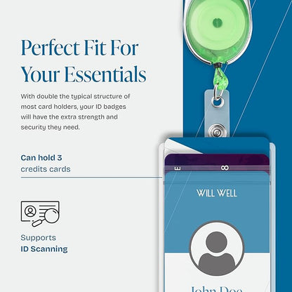 Will Well ID Badge Holders with Clip and Keyring - Vertical Clear Plastic 3.7" x 2.5" Sleeves Fit Up to 3 Cards - Retractable 24" UHMWPE Fiber Pull Cords - 2-Pack, Transparent Green Reels