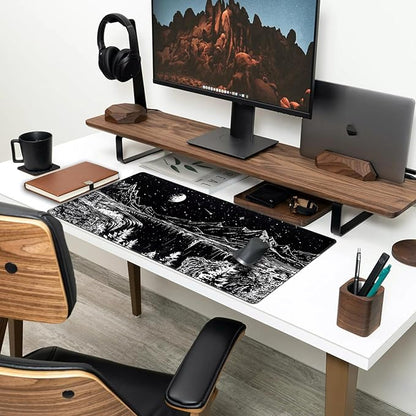 Black and White Desk Mat Dark Nature Forest Mouse pad XXL Starry Night Mountain Desk pad Aesthetic Moon and Stars Mousepad XXL for Laptop Computer Mouse Gaming Keyboard Mat, 31.5 X 15.8 in