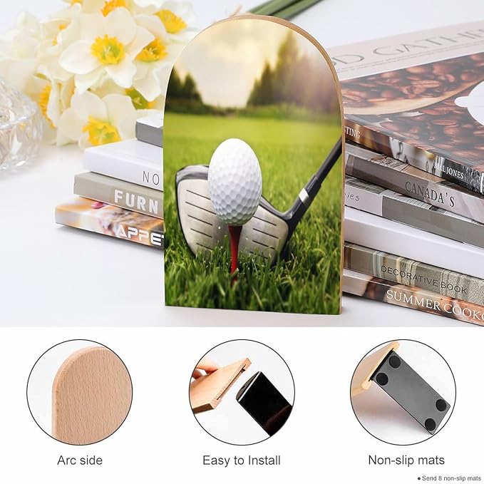 2 Pack Wood Bookends, Sport Golf in Grass Non-Skid Book Ends for Heave Books, Decorative Bookends for Shelves Desk, Book Stoppers Book Holders for Home Office Library School