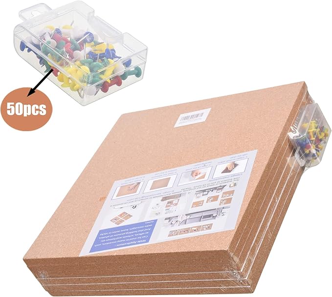 SUNGIFT Cork Board 12"x12" - 1/2" Thick Square Bulletin Boards 6 Pack Cork Tiles with 50 Push Pins Mini Wall Self-Adhesive Corkboards Tiles for Wall