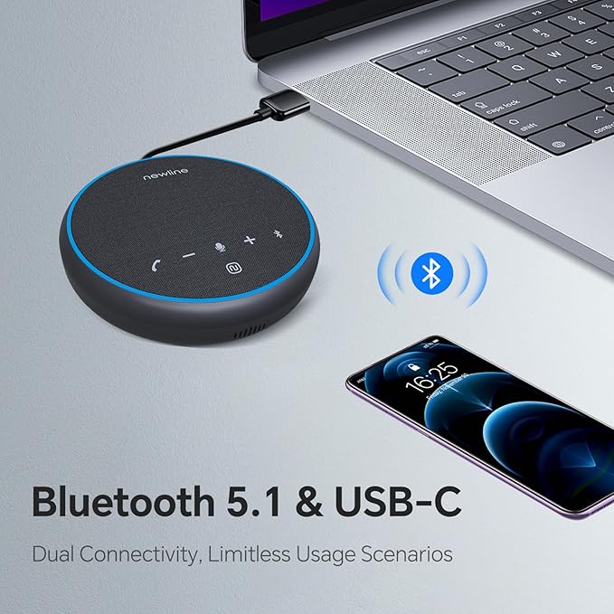 Bluetooth Speakerphone with 360° & 5 Meters (16 Feet) Voice Pickup for Work & Leisure, Pro AI Noise Reduction, High-Efficiency Full-Range Speaker, 12 Hours Battery Life