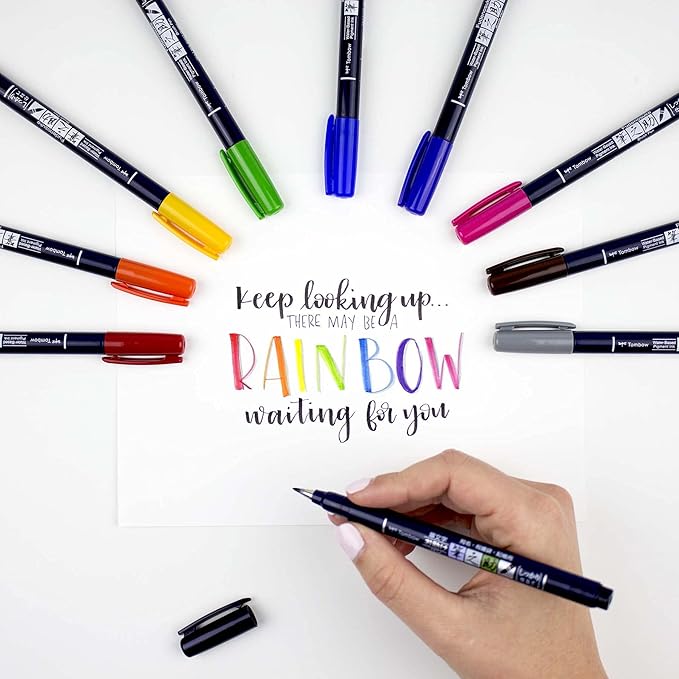 Tombow 56429 Fudenosuke Colors Brush Pens, 10-Pack. Hard Tip Fudenosuke Brush Pens in Assorted Colors for Calligraphy and Art Drawings
