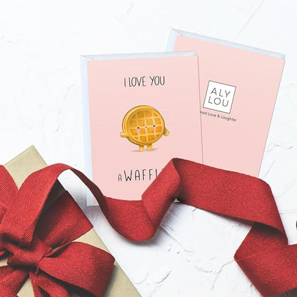 ALY LOU Anniversary Card for Her Him/Girlfriend Wife/Husband Boyfriend, Friendship Thank You Birthday Kawaii Greeting Card (I Love You A Waffle Lot)