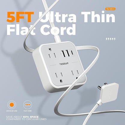 Ultra Thin Flat Extension Cord 5 FT, TESSAN Slim Power Strip with USB Ports (1 USB C), Surge Protector Flat Plug Wall Charger with 3 Outlets for Office, School, Dorm Room Essentials