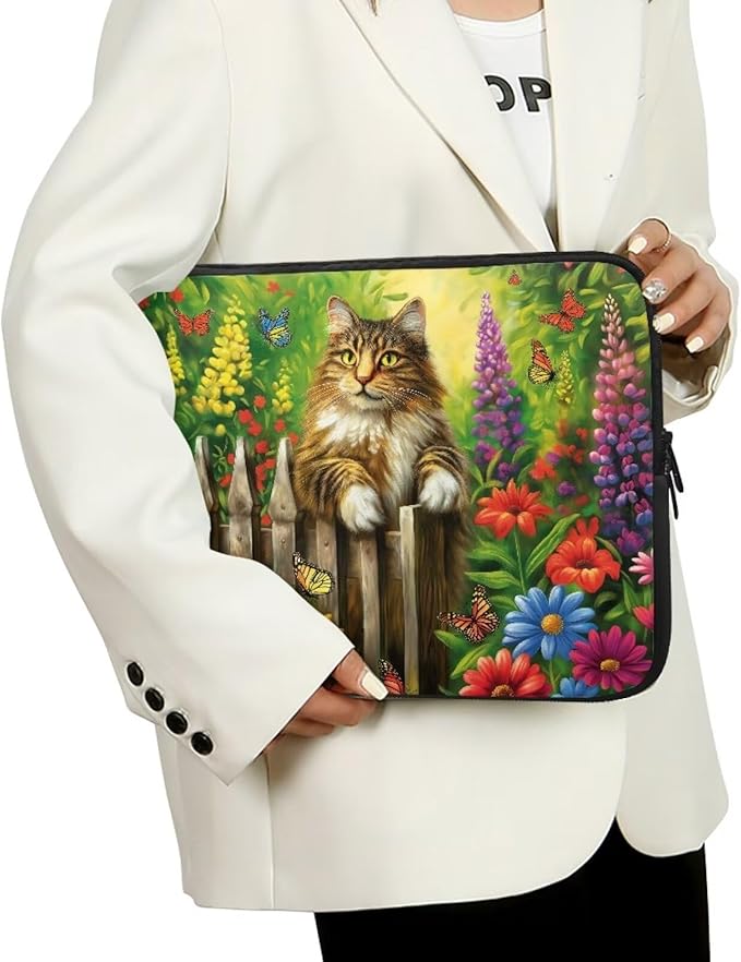 Cats Flower Printed Laptop Briefcase for Women Men, Waterproof 10 Inch Laptop Bag Messenger Bag Lightweight Laptop Case for Office Business Traveling Daily Use, Gift for Father