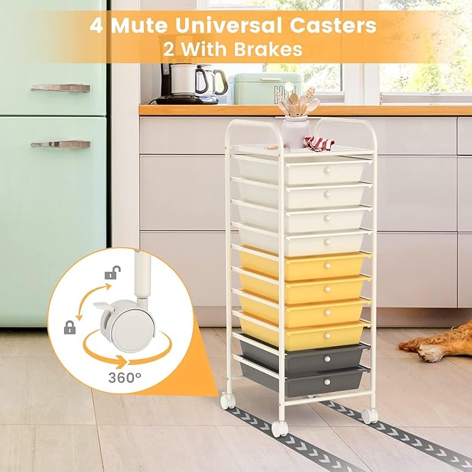 Storage Cart, Rolling Utility Cart with 10 Drawers, Portable Handles & Lockable Wheels, Mobile Paper Toys Storage Organizer Large Capacity for Home Office School Teacher (Yellow)
