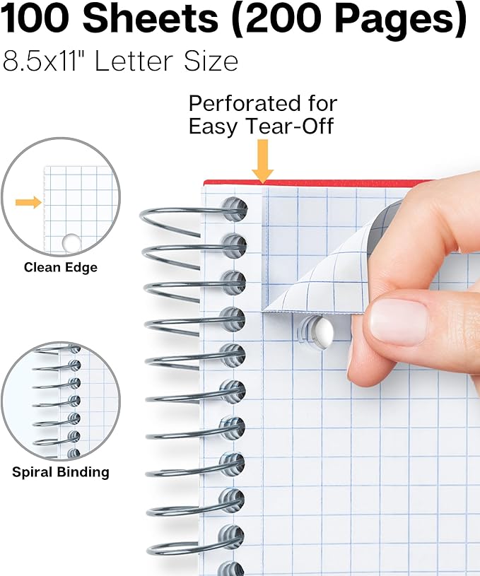 Dunwell Graph Paper Notebook 8.5 x 11 (Red) Plastic Cover, 100 Sheets (200 Pages), 4x4 Squares, 1 Subject Graph Paper Spiral Notebook, 1/4" Grid, Pocket Divider, Easy Tear-Off, 3-Hole Punched
