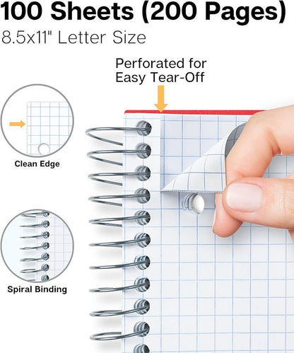 Dunwell Graph Paper Notebook 8.5 x 11 (Red) Plastic Cover, 100 Sheets (200 Pages), 4x4 Squares, 1 Subject Graph Paper Spiral Notebook, 1/4" Grid, Pocket Divider, Easy Tear-Off, 3-Hole Punched