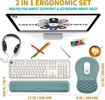 Hokafenle 2 in 1 Ergonomic Mouse Pad Wrist Support & Wrist Rest for Computer Keyboard Set, with Relieve Carpal Tunnel Pain Massage Bulge and Full Memory Gel Design (2In1 Set, Light Blue)