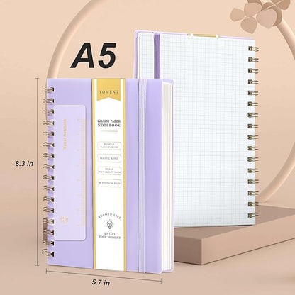 Yoment Graph Paper Spiral Notebook A5 Graphing Notebook 160 Pages Graph Paper Notebook Spiral Bound Waterproof Plastic Hardcover Spiral Journal 5x7 Grid Notebooks for Note Taking,Purple