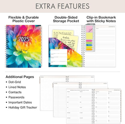 Essential PRO 2025 Daily, Weekly & Monthly Planner, 8.5"x11": 14 Months (Nov 2024 - Dec 2025) Monthly Tabs,Daily Tracking,Notes Pages,Storage Pocket,Bookmark w Sticky Notes (Rainbow Petals)
