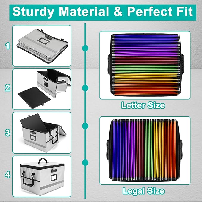 File Box with Lock, Portable Document Organizer Box with Handle, Fireproof File Box for Home Office, Legal File Organizer Storage