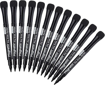 Magnetic Dry Erase Markers, (12 pk) Dealkits Low Odor White Board Markers with Erasers for Kids Teacher Supplies for Classroom Work on White Board, Calender, Fine Tip Point, Black