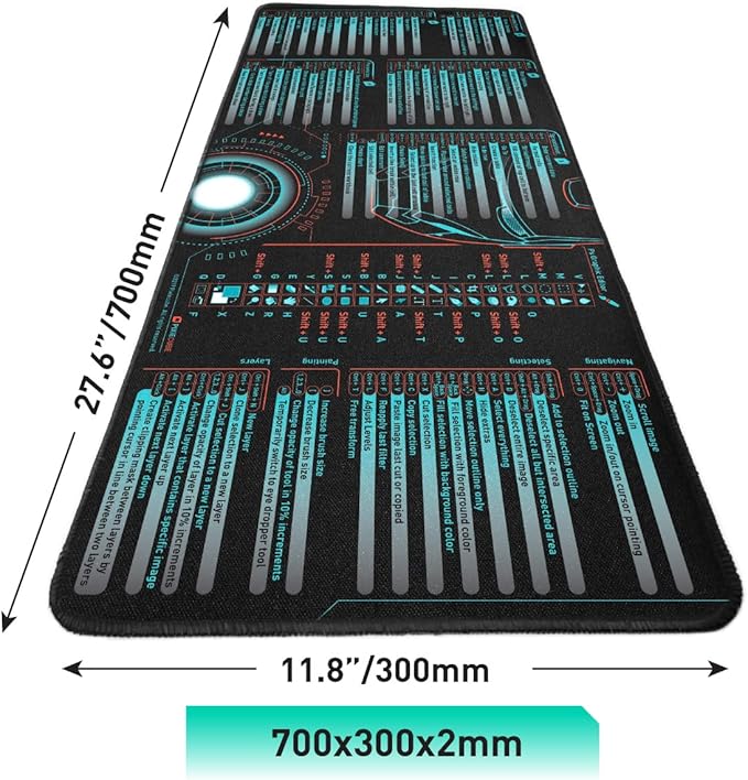 Windows, Office, Excel, Adobe Photoshop Shortcut Keys Extended Large Mouse Pad | Gaming Desk Mat for PC. Stitched Edge Non-Slip Base Mousepad, Keyboard Mat