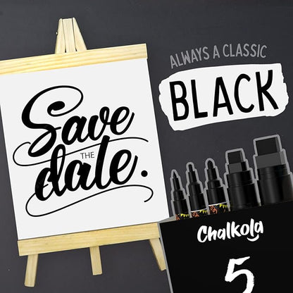 5 Black Chalkboard Chalk Markers - Black Dry Erase Markers for Blackboard, Chalkboard Signs, Windows, Glass | Variety Pack - Fine & Jumbo Size Ink Pen (1mm, 3mm, 6mm, 10mm, 15mm)