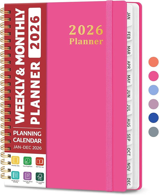 2026 Planner, Weekly and Monthly Calendar Planner, January 2026 - December 2026, Hardcover 2026 Calendar Planner Book with Tabs For Women & Men, Inner Pocket, Spiral Bound, Perfect for Office Home School Supplies - A5 (6.3" x 8.5"), Berry Pink