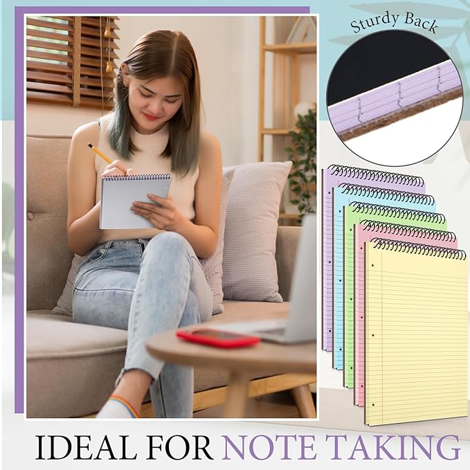 10 Pcs Legal Pads 3 Hole Punched Top Bound Spiral Notebook Tear Line for Easy Removal 8.5 x 11 in Hard Cardboard Paper College Ruled Notepad Spiral Note Pad for Office School (Multicolor)