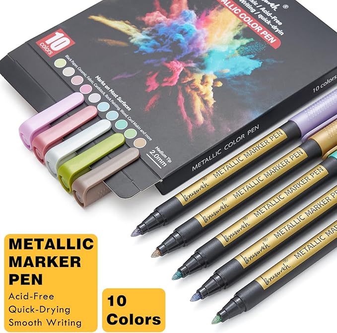 Metallic Marker Pens - 10 Colors Medium Point Metallic Markers for Rock Painting,Black Paper,Scrapbooking Crafts, Card Making,DIY Photo Album,Ceramic
