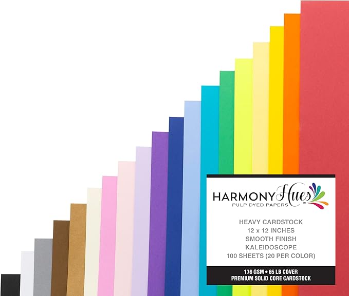 Cardstock 12 x 12 Paper Pack - 65lb Card Stock for Crafts, Cardmaking, Art Projects - 100 Square Scrapbook Sheets, 20 Assorted Colors - Double Sided with Solid Core, Kaleidoscope